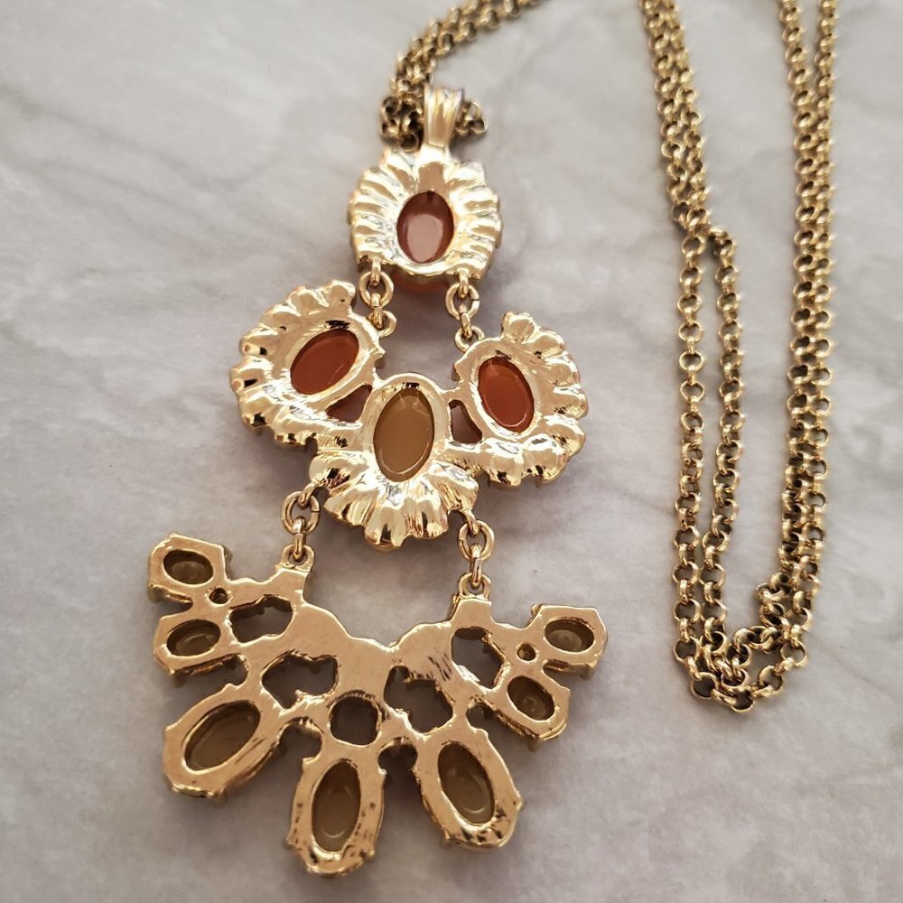 🧡 J Crew Pendant Orange Fan Gold Crystal Rhinstone Necklace 🧡 - Picture 9 of 10